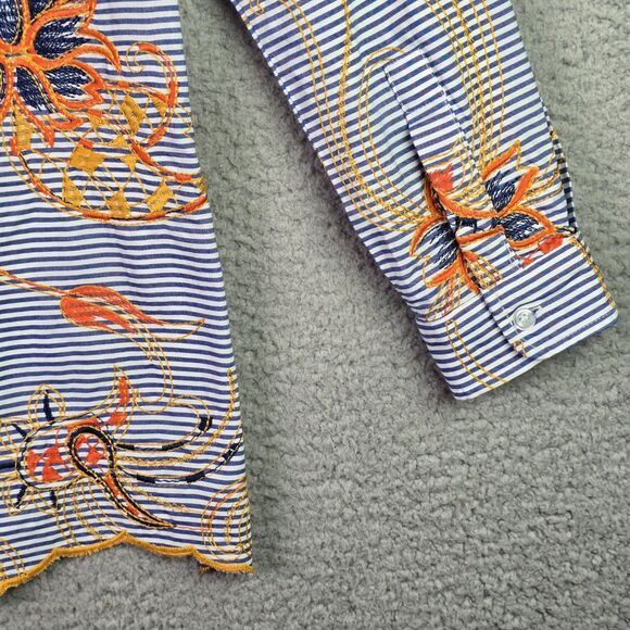 Peck & Peck Embroidered Striped Floral Shirt Small Cotton Boho Scallop Hem Blue - Picture 13 of 16